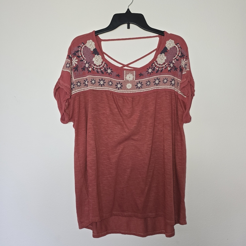 Tempted Hearts Floral Embroidered Blouse - Rich Red